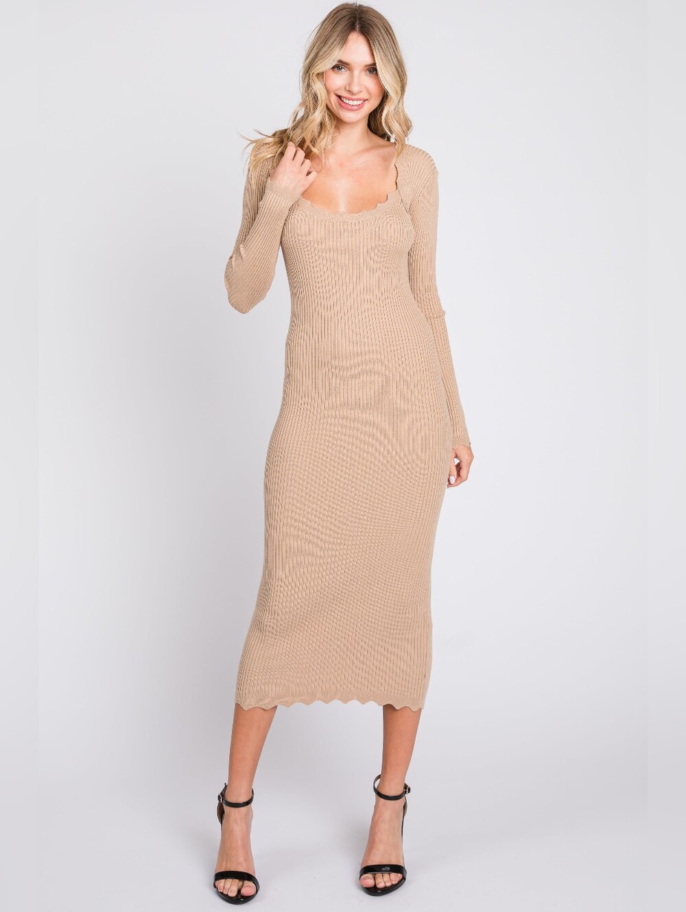 The Workshop Republic Clothing Scallop-Edge Ribbed Midi Dress - Beige Tan SZ L